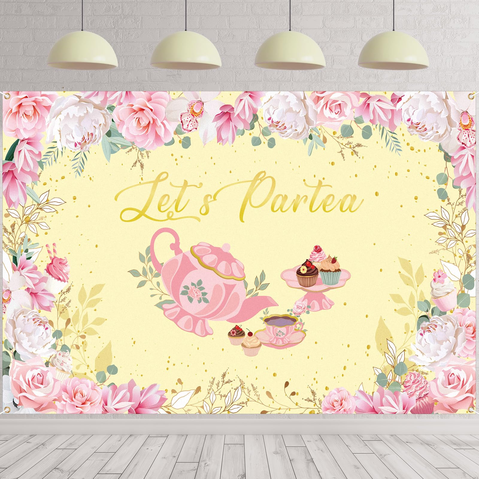 Tegeme Let's Partea Party Backdrop Tea Party Banner Decorations Background for Shower Birthday Photo Prop(7 x 5 ft,Yellow)