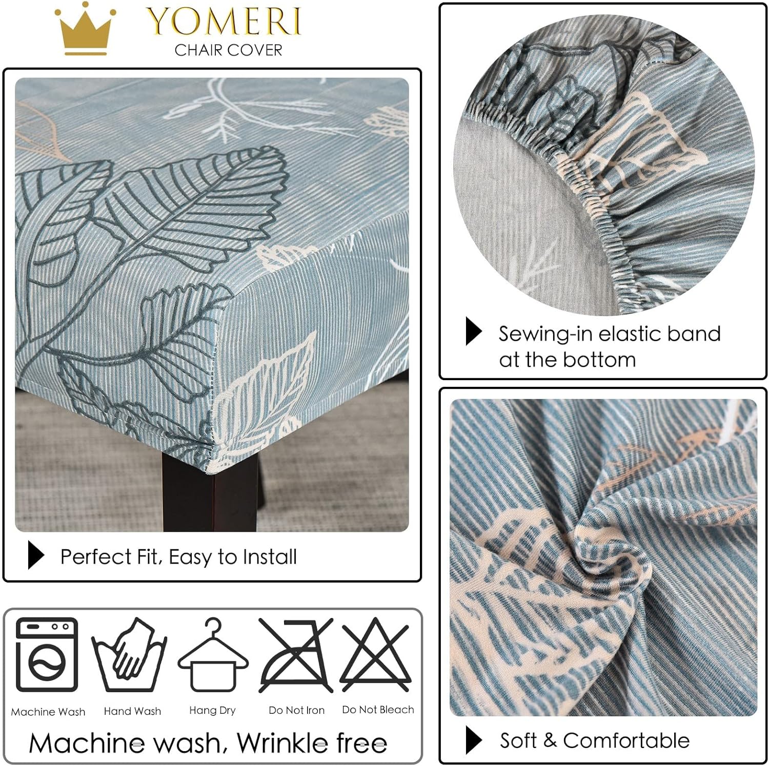 Dining Room Chair Covers Set of 4, Stretch Printed Parsons Chair Slipcovers Spandex Removable Washable Kitchen Chair Protector Cover (Plants+Grey)