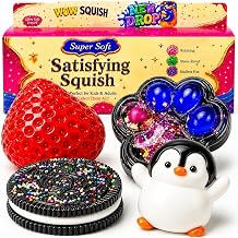 4PCS Cute Squishy Toys Set Strawberry Cookie Penguin Hamster Mochi Fidget Sensory Toy for Stress Relief Anxiety Calming Washable Desk Accessories Party Favors Gifts for Kids Adults