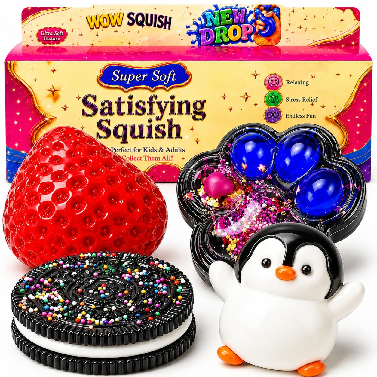 4PCS Cute Squishy Toys Set Strawberry Cookie Penguin Hamster Mochi Fidget Sensory Toy for Stress Relief Anxiety Calming Washable Desk Accessories Party Favors Gifts for Kids Adults