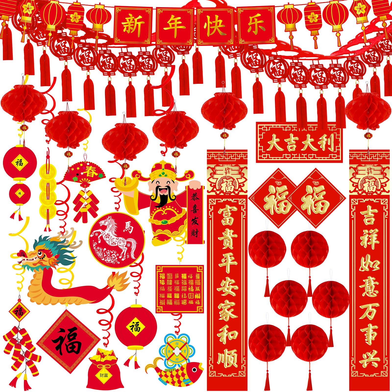 Winlyn Bulk Capodanno cinese Decorazioni per feste orientali da appendere lanterne rosse ghirlanda fortunata festa turbinii Capodanno Banner a nido d'ape palle per Capodanno lunare asiatico Capodanno