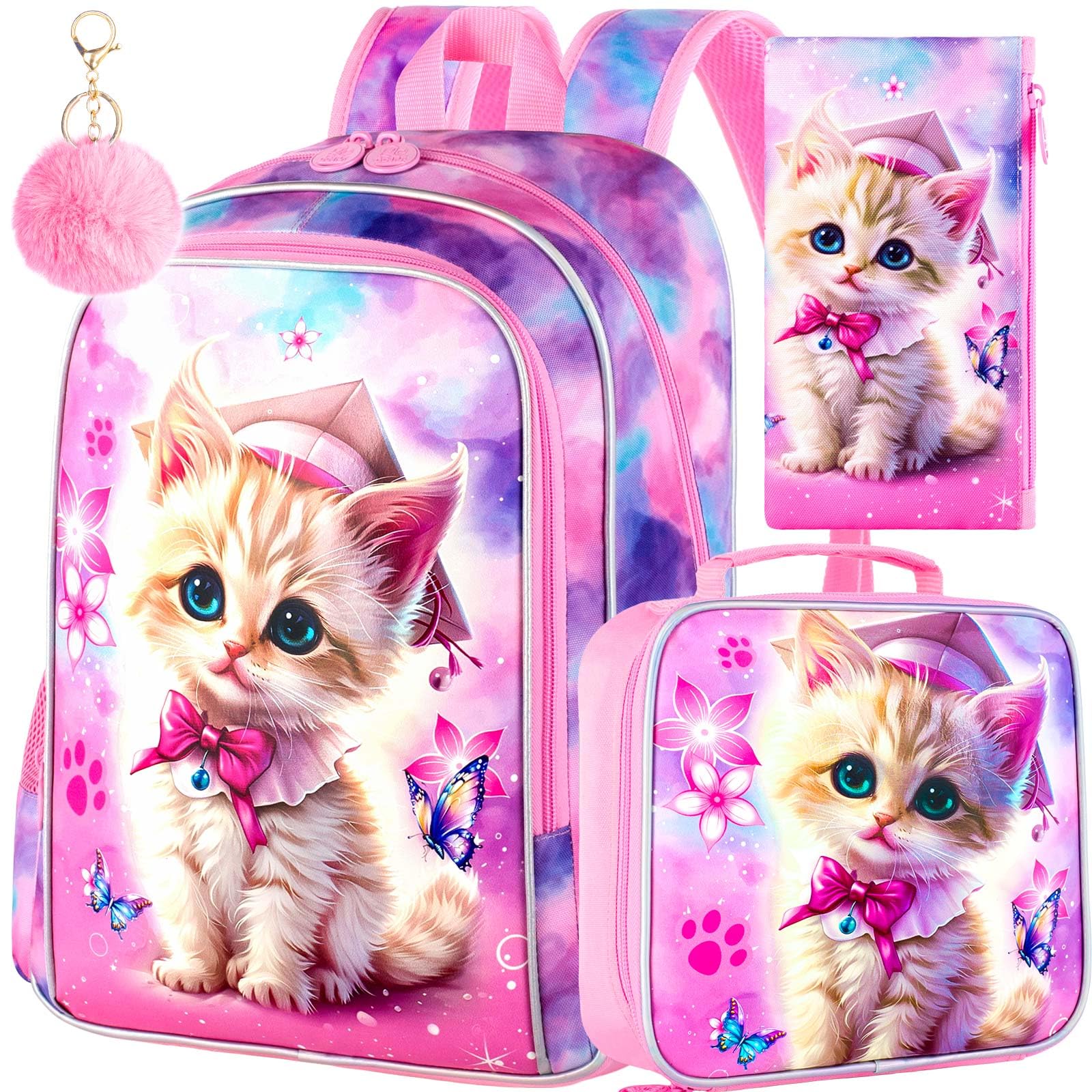 AGSDON 3PCS Backpacks for Girls, 16" Elementary Kids Cute Cat Backpack Preschool School Bookbags and Lunch Box