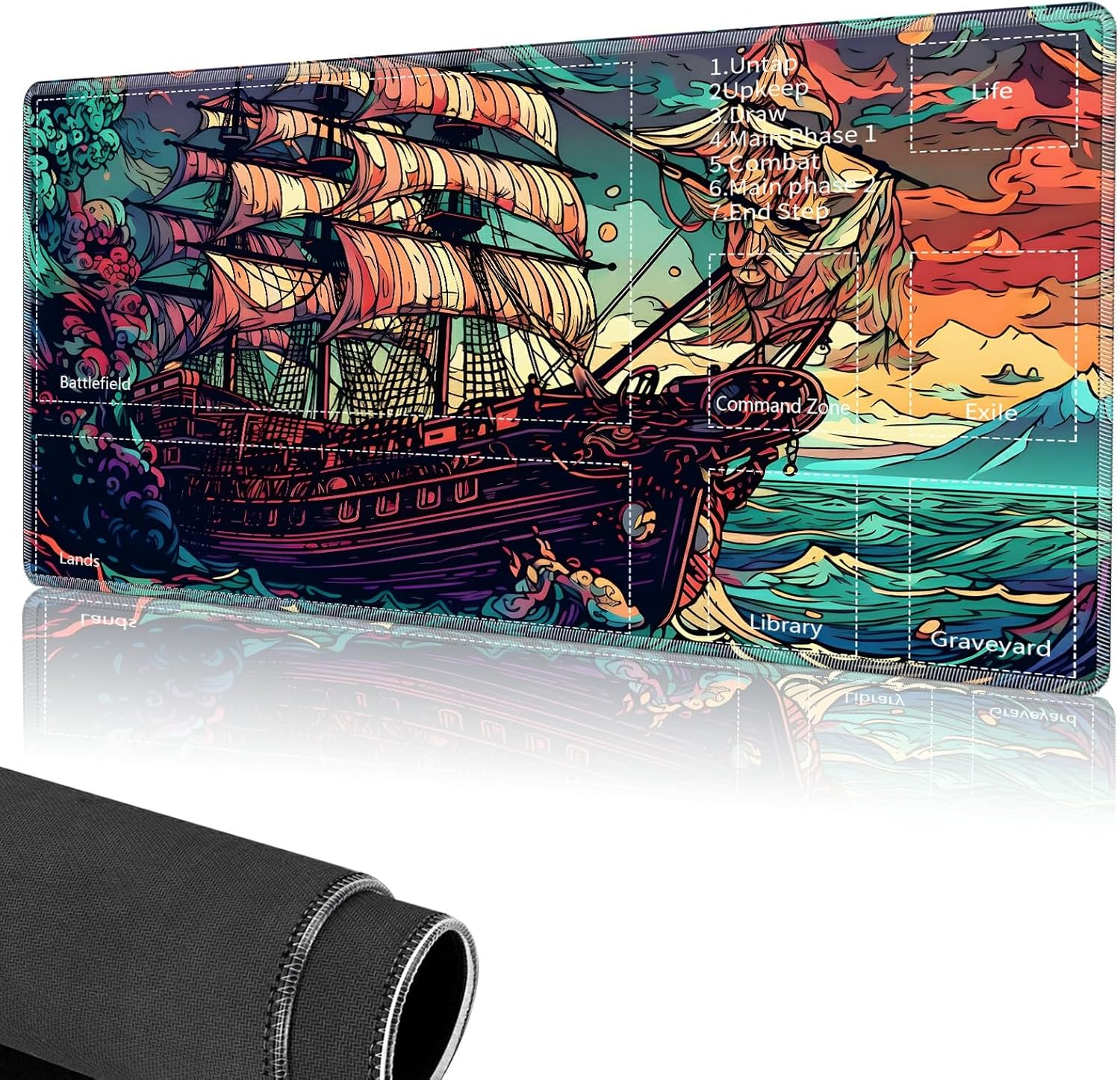 for MTG Playmat,Card Playmat Stitched with Magic Zone for MTG Card Game Playing,(27.5x15.7 in) Card Playmats Smooth Cloth Surface Non-Slip Silicone Bottom Battle Game Mat-Pirate Ship