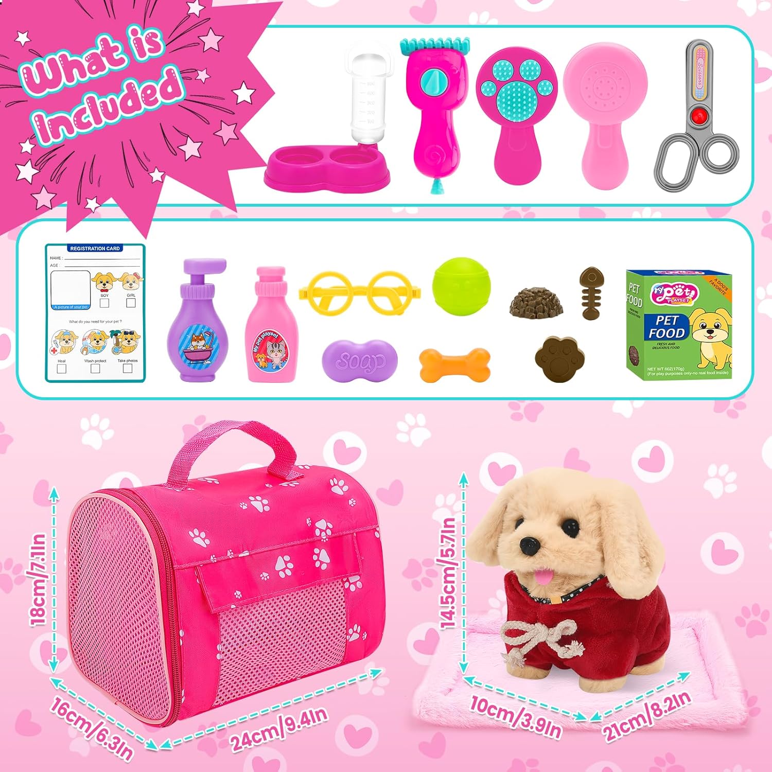 deAO Dog Toys for Kids Stuffed Dog Plush Toys with Carrier Cage,Pet Mat Pretend Play Puppy Pet Care Feeding Playset Toys Gifts for Boys Girls 3 4 5 6 Year Old - Image 7