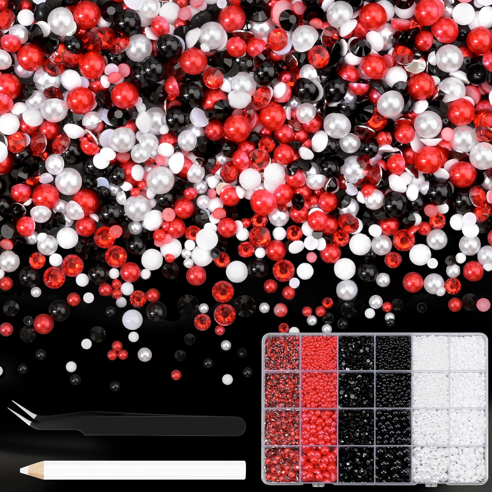 NACHLYNN 10000 Pcs Rhinestones and Pearls 3-8mm Half Pearl Bead Resin Rhinestones Kits Comes with Jewelry Pen and Tweezers Suitable for Nail Art Clothing Handmade DIY Decoration (Red White Black)