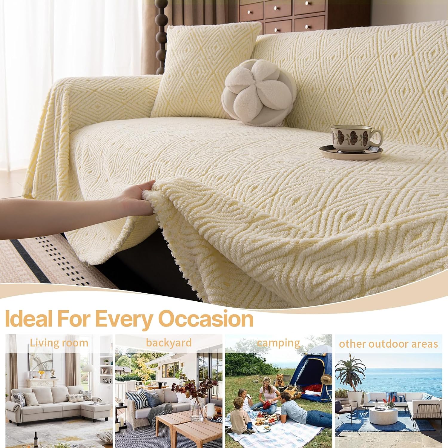 ROOMLIFE Striped Boho White Couch Cover for 2-3 Cushion Sofa, Fuzzy Plush Warm Sofa Slipcovers Sectional Sofas Covers, Non Slip Washable Furniture Protector Soft with Tassel,Winter 71''X134”