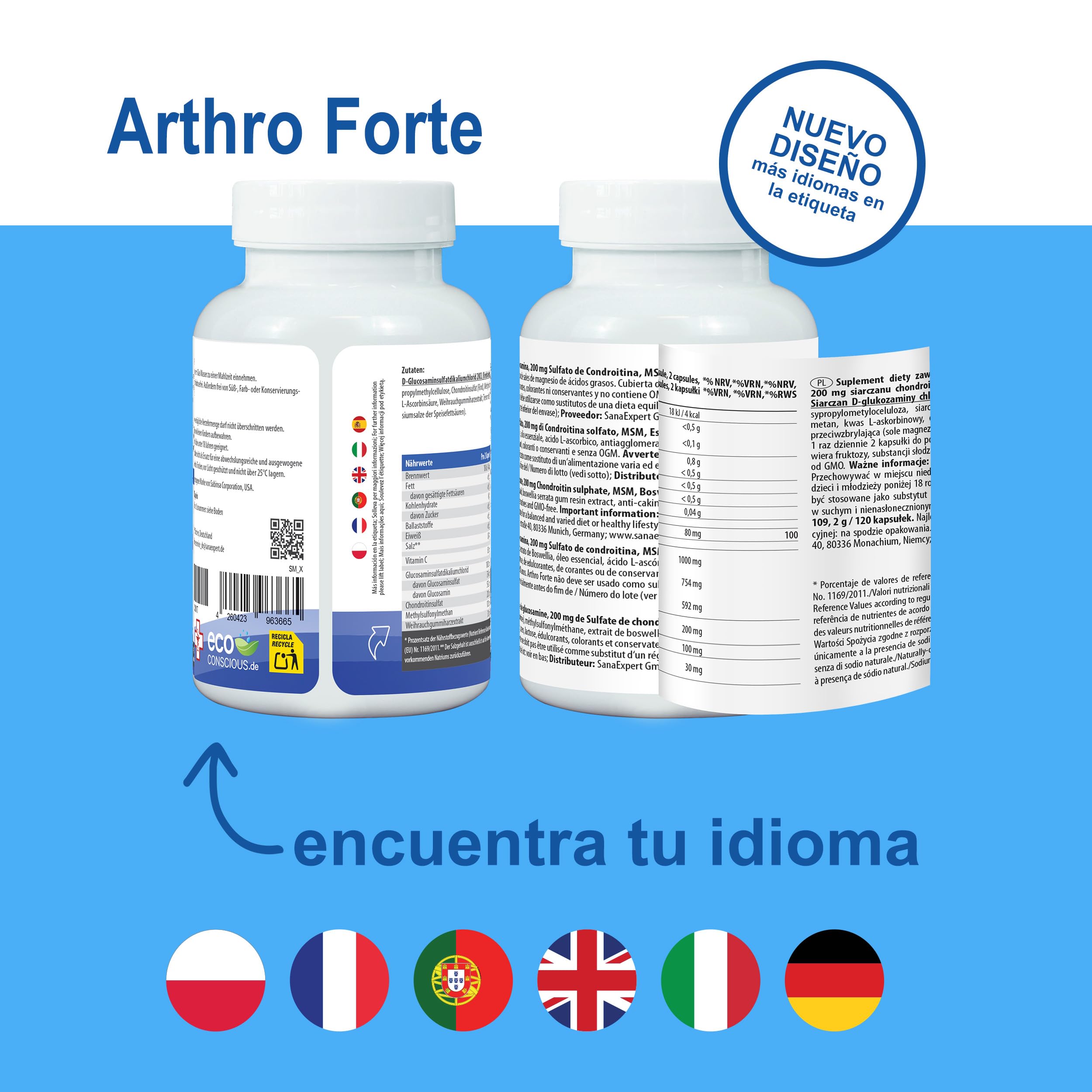 SanaExpert Arthro Forte - Suplemento Natural para la Salud de las Articulaciones y Huesos con Sulfato de Glucosamina - 120 Cápsulas - Fabricado en Alemania