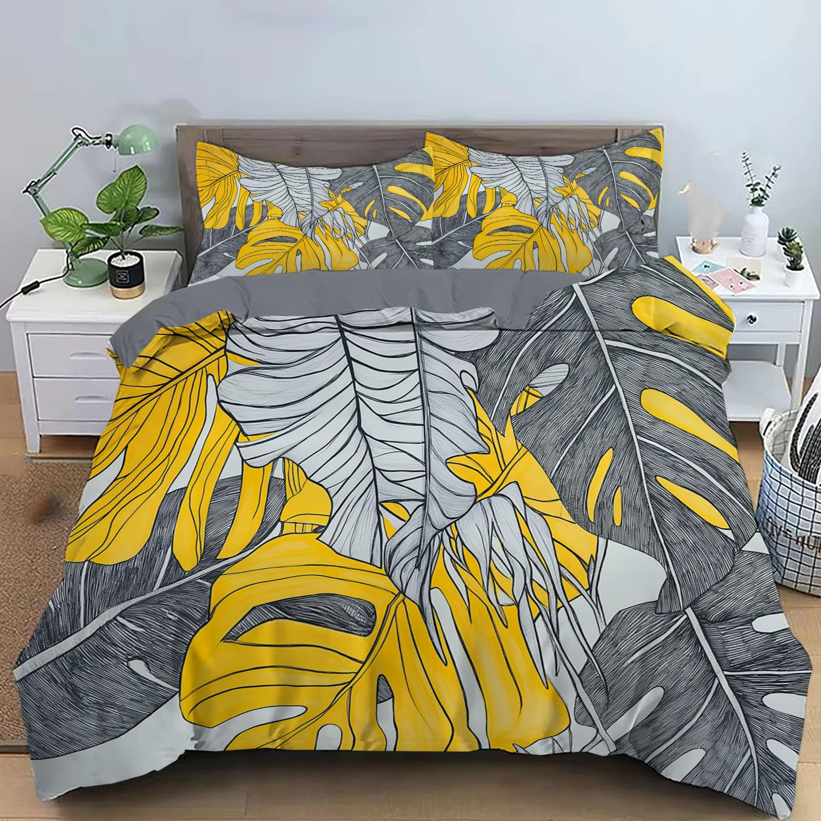Housse de couette doux respirant 220x240 parure lit monstera jaune gris