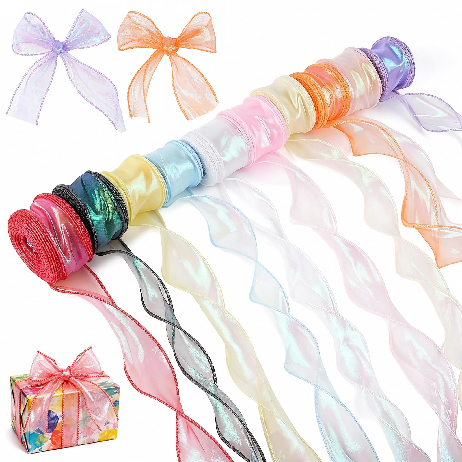 CAIYUANGUANGJIN 10 Rolls Organza Ribbon, 4cmx9m Transparent Shimmer Ribbons for Gift Wrapping, Iridescent Chiffon Gift Ribbon for Crafting Wedding Christmas Invitations Bouquet Decor