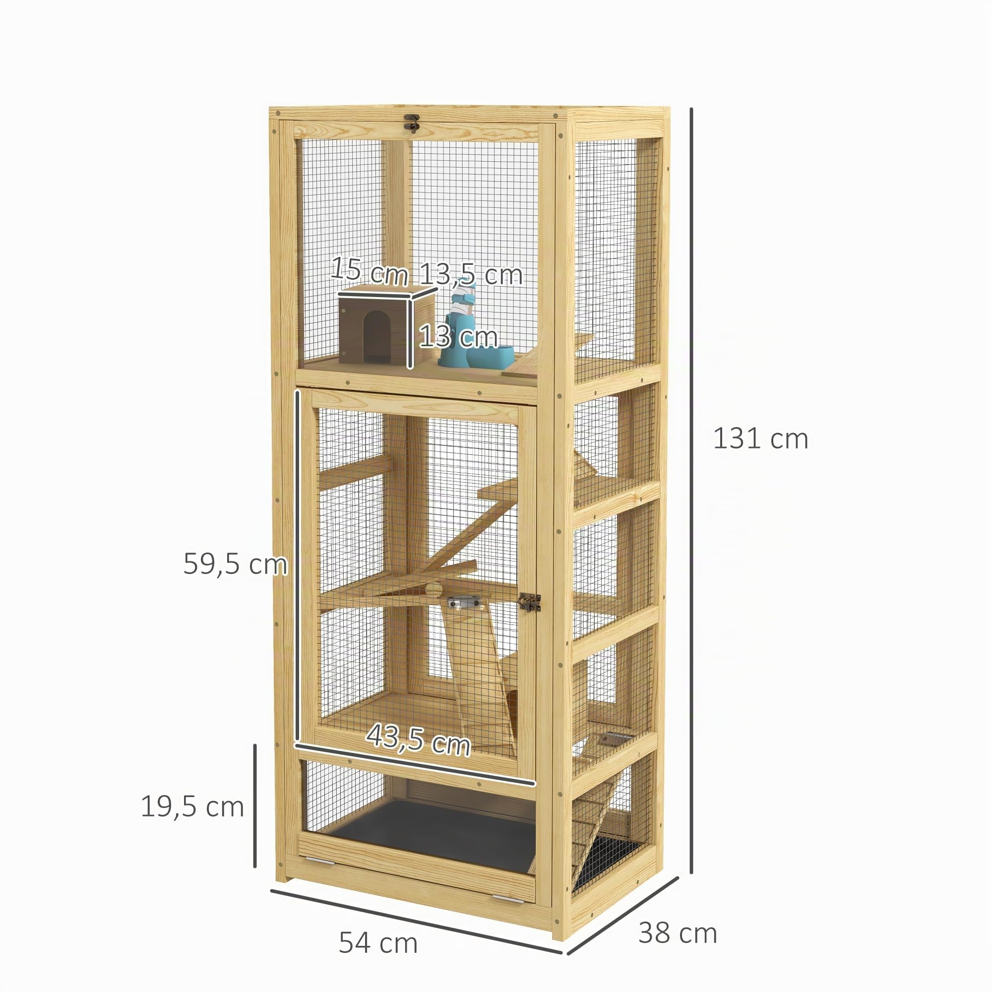 PawHut Gabbia per criceti o topi, piccoli animali in legno, 5 livelli con scala, nicchia, altalena, vassoio rimovibile, abbeveratoio, 54 x 38 x 131 cm, naturale