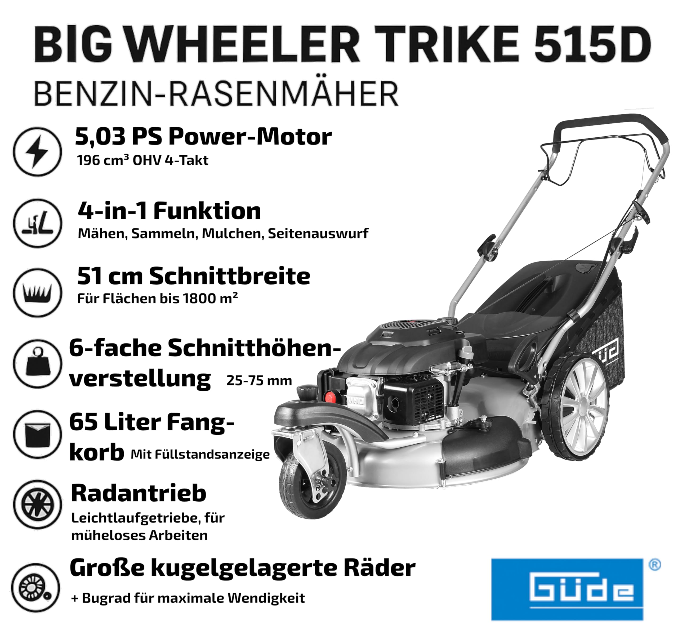 GÜDE Rasenmäher Benzin mit Antrieb Premium Big Wheeler Trike 515 D mit Radantrieb 4in1 | 4-Takt | 196ccm | 5,03PS | 51cm Schnittbreite | 65l Fangkorb | 6-Fach Schnitthöhenverstellung | Silber schwarz