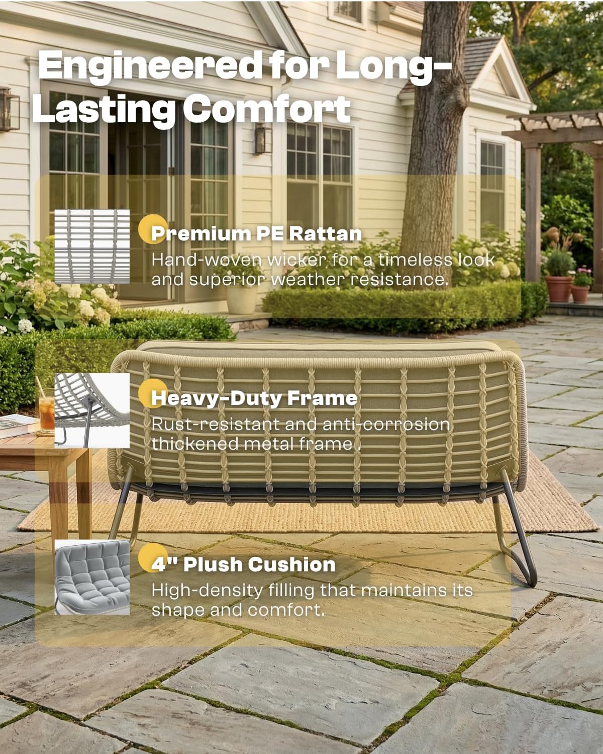 Patio Loveseat, Comfy Oversized Double Papasan Chair with Thick Cushion, 2 Person Boho Wicker Armless Small Outdoor Couch for Balcony, Sunroom, Bedroom and Porch (Grey)