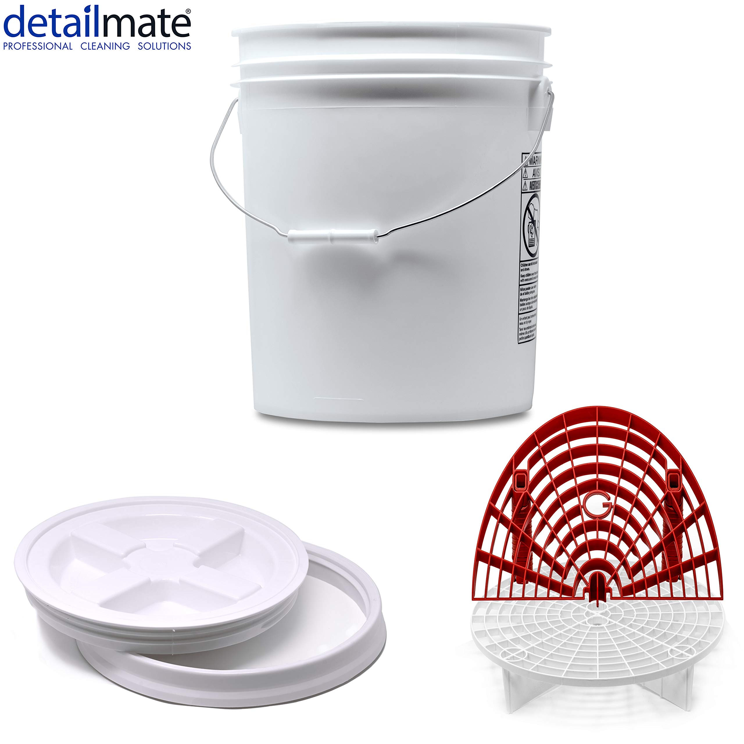 Detailmate professionelles Wasch Eimer Set: Magic Bucket Wascheimer 5 GAL (ca. 20 Liter), Gamma Seal Eimerdeckel weiß, GritGuard Schmutz Einsatz weiß, GritGuard Washboard rot