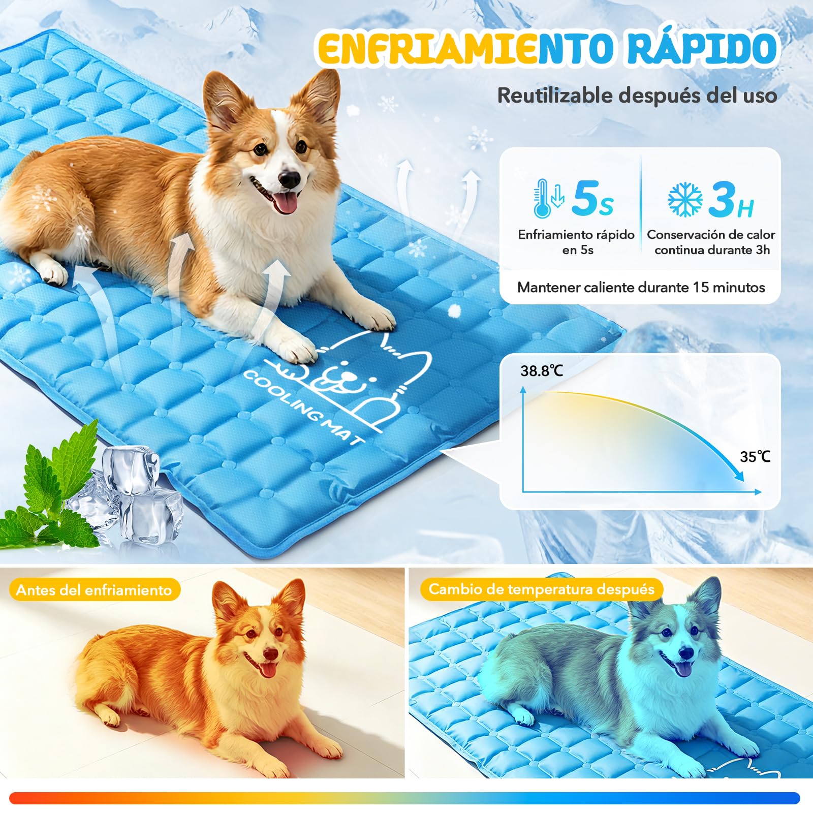 JONRRYIN Alfombrilla Refrescante para Perros y Gatos, 70x120cm Cama Auto-Refrigerante, Manta Fría Impermeable y Antideslizante, Plegable y Ligera para Interior, Exterior y Viaje, Azul (Estándar)