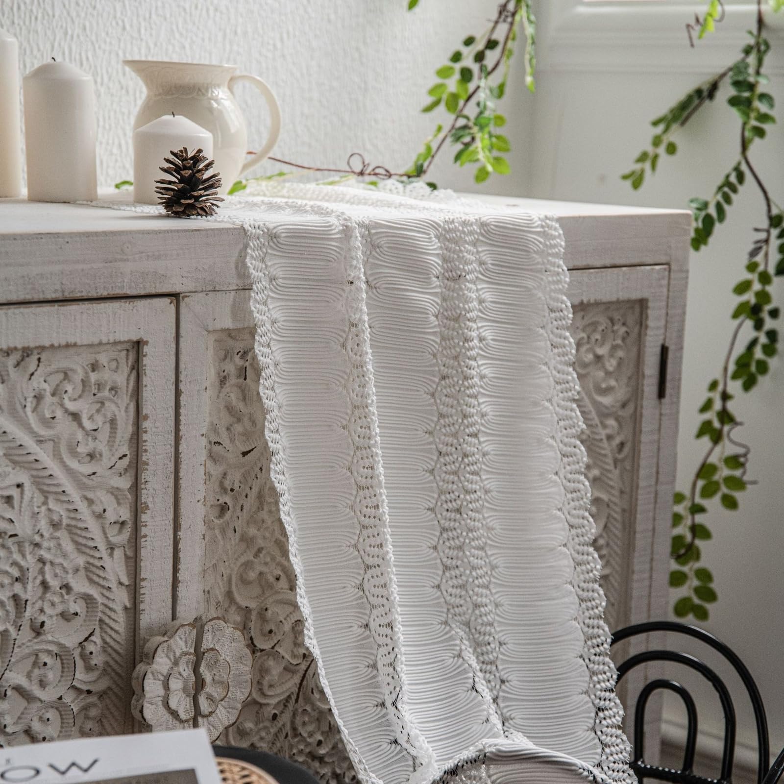 Tischläufer Polyester Wohnzimmer, Tischläufer Landhausstil 35x240 cm, Hohle Weiße Spitze