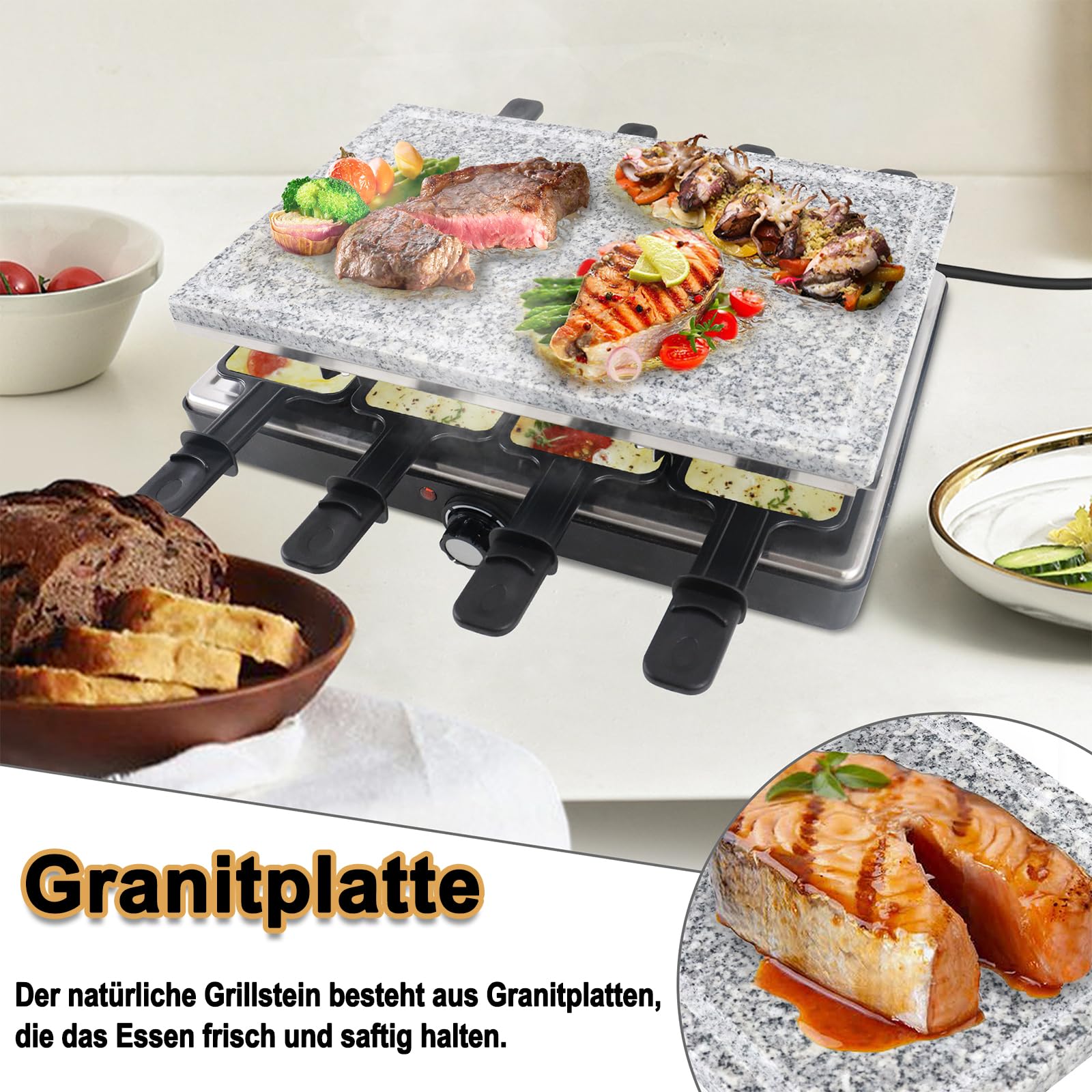 Raclette Grill Piastra elettrica 1400 W con pietra naturale antiaderente piastra 8 padelle e spatola di legno termostato continuo