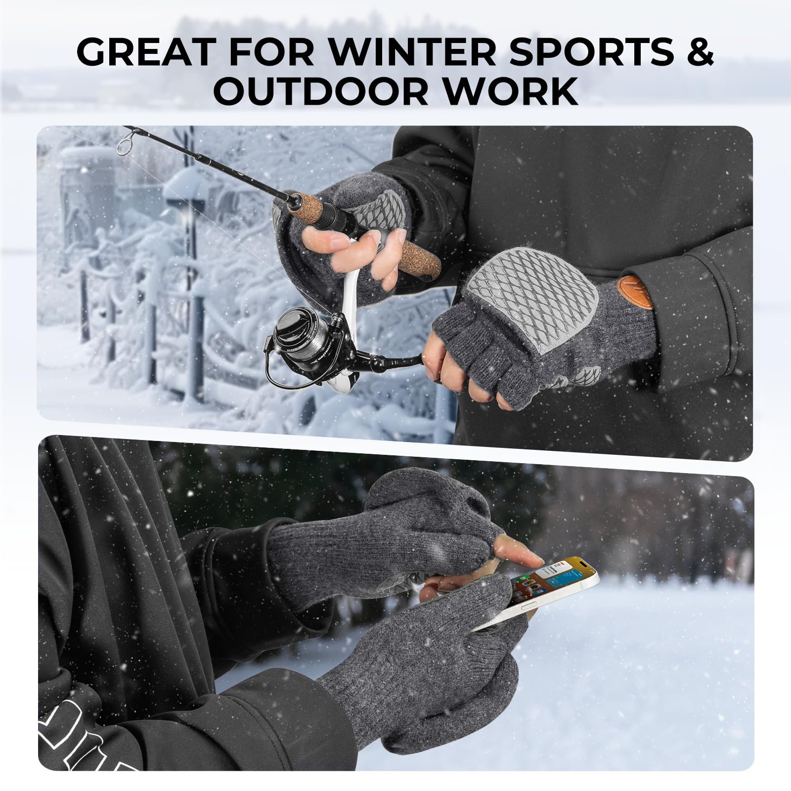 KastKing Bully Wooly Convertible Mittens – Premium Wool Fingerless Fishing Gloves with Magnetic Flip-Top, Fleece Lining, Non-Slip Grip, Extra-Long Cuff, 4-Way Stretch, Cold Weather Winter Gear