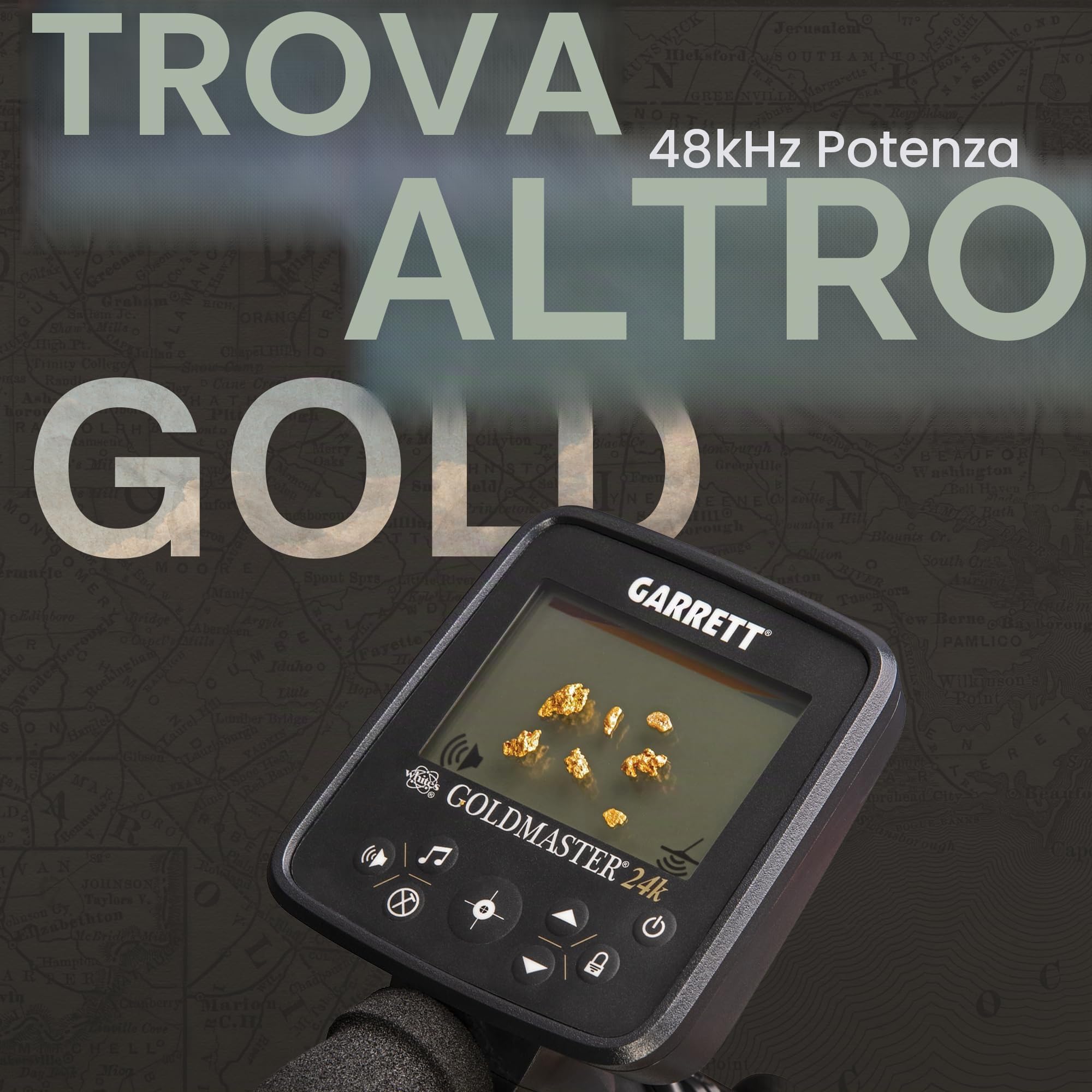 Garrett Goldmaster Rilevatore di metalli per adulti, oro 24 carati, cuffie cablate in dotazione, con cancellazione del ferro, retroilluminazione, modalità punto e altro