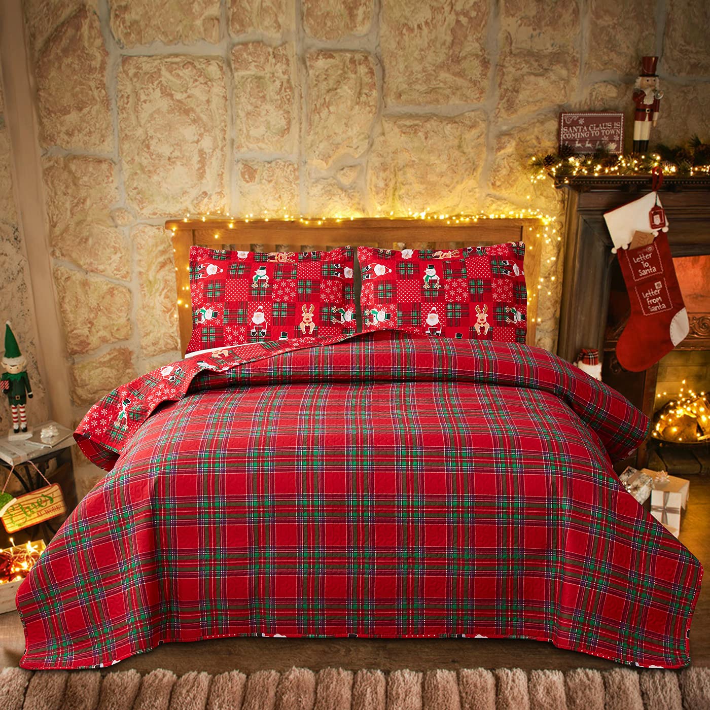 Kebury - Juego De Edredón De Navidad Tamaño Queen, Ropa De Cama De Navidad  A Cuadros Rojos, image size:1400x1400
