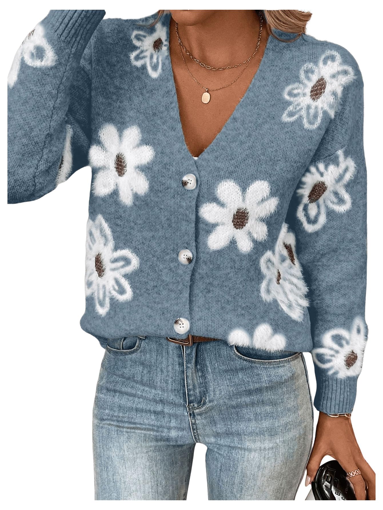 SHENHE Women's Floral Cardigan Sweater Open Front Long Sleeve Button Down Knit Sweater Outerwear