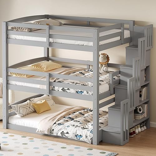 Miniatura 58 de Litera triple de metal, tamaño matrimonial XL sobre individual XL sobre tamaño Queen, elegante base de cama triple con seguridad garantizada para