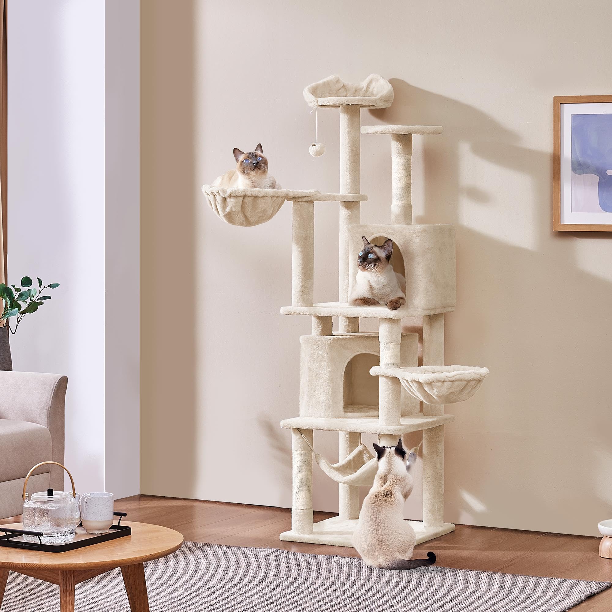 Abician Grand Arbre à Chat XXL 174.5cm, en Sisal, Tour pour Chats à Grimper avec 2 Cachettes/3 Plateformes/2 Paniers/Hamac, pour Chats Gros, Beige