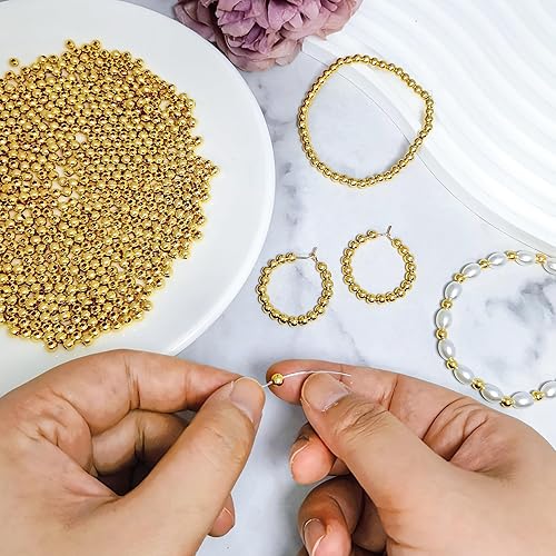 Miniatura 7 de 300 cuentas redondas de latón chapado en oro de 14 quilates, 0.157 in, cuentas espaciadoras de bolas diminutas para hacer joyas, cuentas sueltas