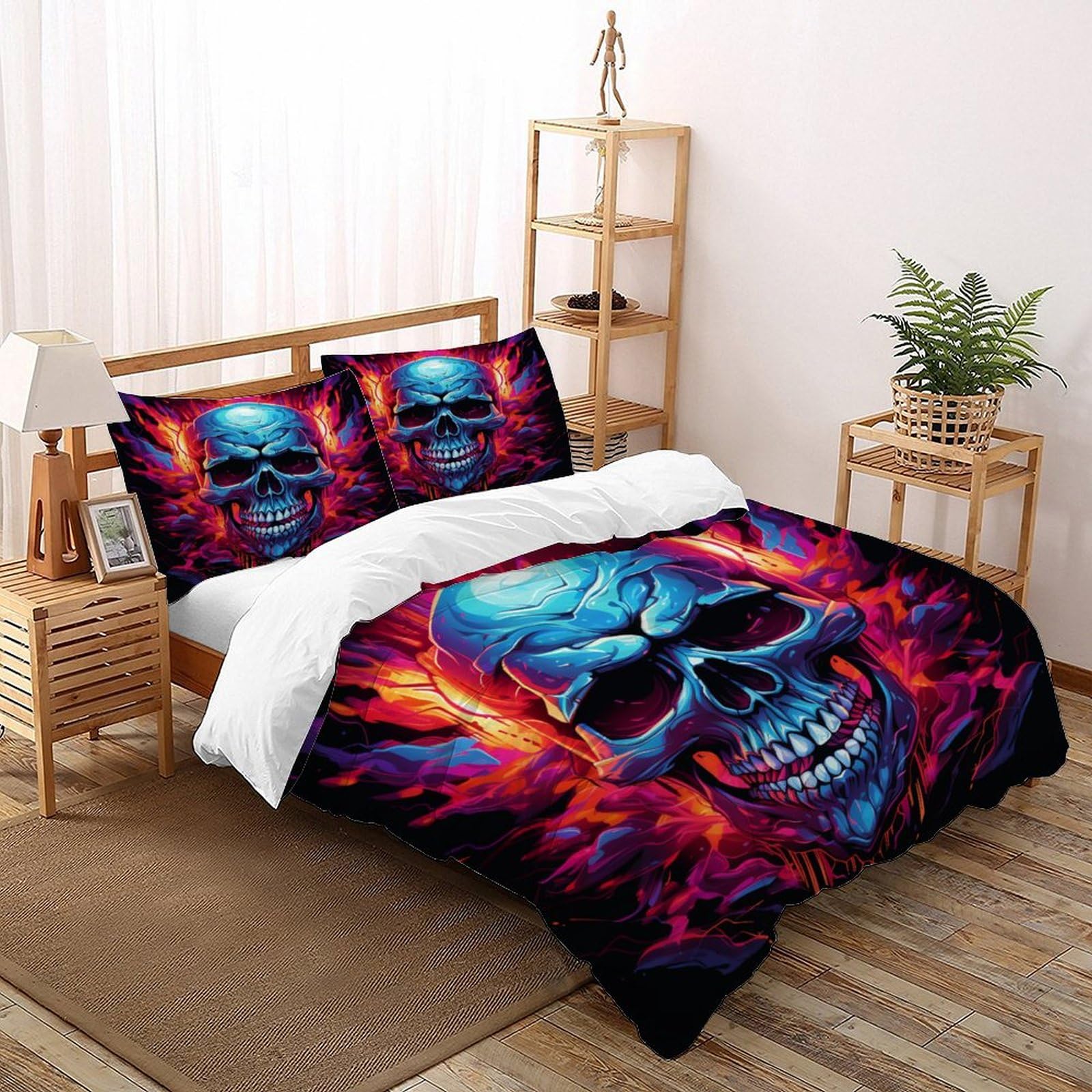 Housse de couette squelette imprimée anti-plis pour lit double adulte gothique