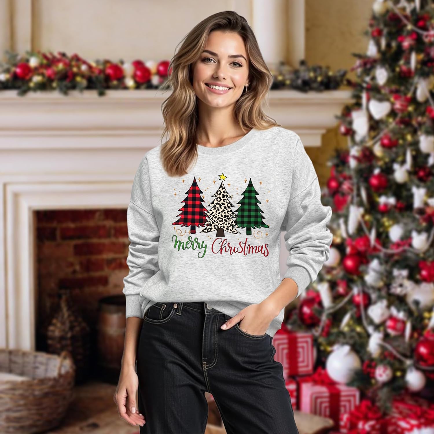 Christmas Sweatshirts for Women:Xmas Tree Sweatshirt Funny Long Sleeve Higher Quality Printed Pullover Tops - Image 2