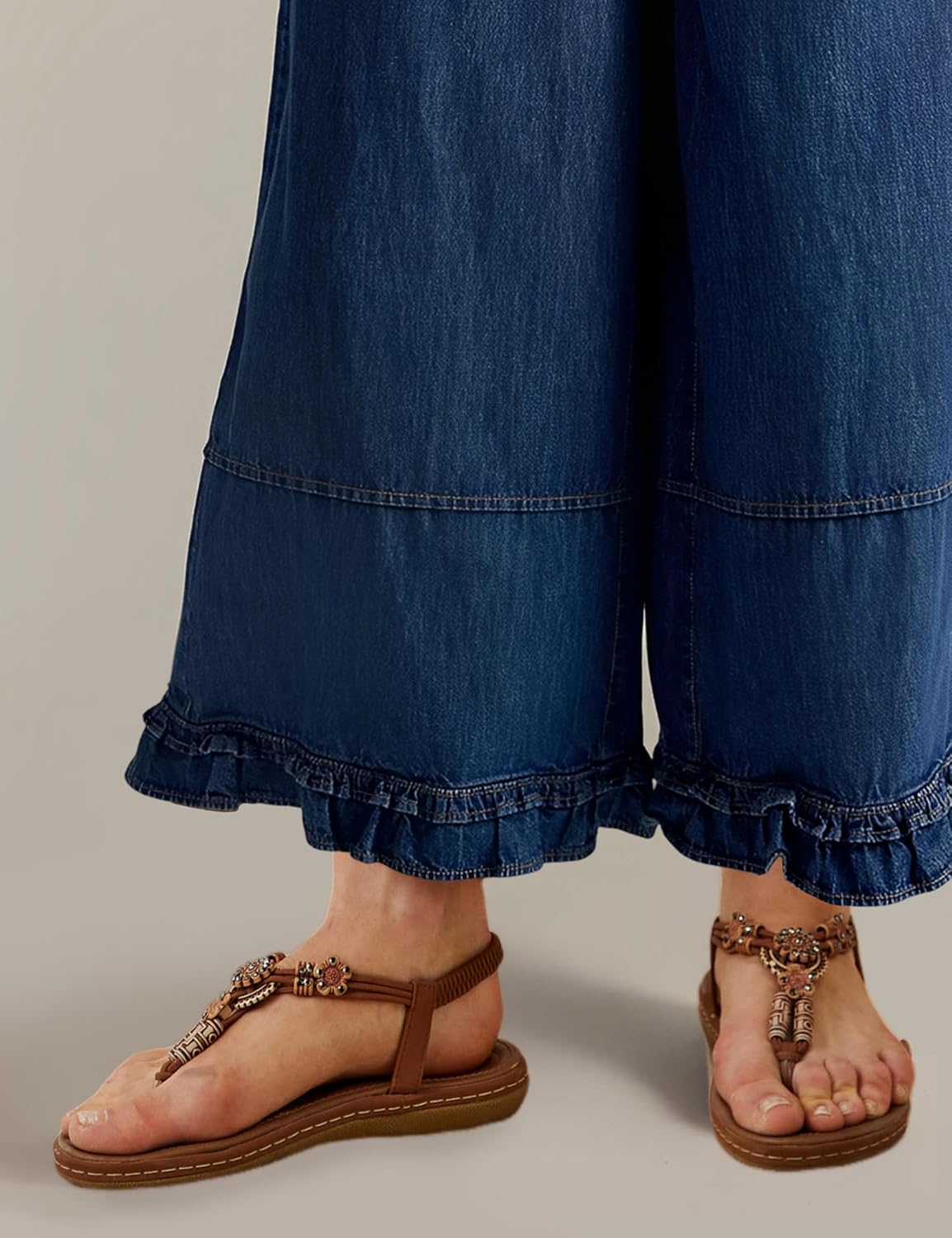 Dqbeng Womens Ruffle Hem Wide Leg Jeans Mid Rise Baggy Cropped Denim Pants with Pockets - Image 8