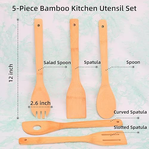 Miniatura 2 de Juego de utensilios de cocina, juego de utensilios de cocina de madera de bambú con cucharas y espátula para utensilios de cocina antiadherentes,