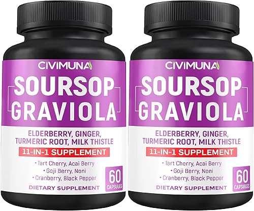 (2 paquetes) Cápsulas de graviola de guanábana 9450 mg - Graviola de guanábana, saúco, curcumina de cúrcuma - 4 meses de suministro