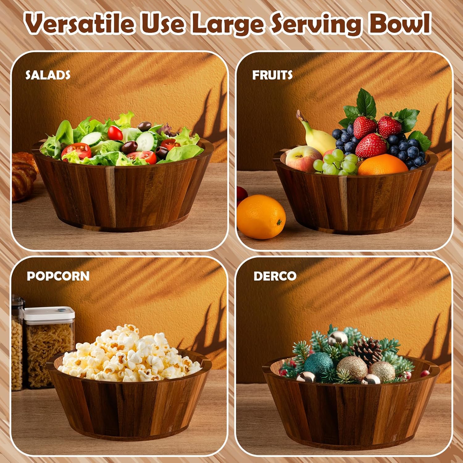 3 Pack Acacia Wooden Salad Bowls Set 12" Large Wooden Serving Bowls for Salad, Fruit Round Design Natural Wood Dining Accessory for Mixing, Soup, Noodle, Pasta, Snacks, Cereal, Corn Flake