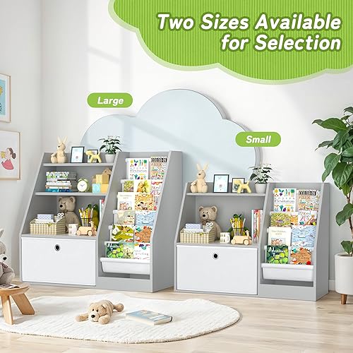 Miniatura 7 de TOETOL Estantería para niños, organizador de almacenamiento de libros, estante de madera para libros de 6 eslingas para niños, estantería de 3