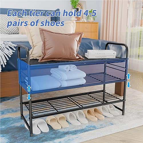 Miniatura 4 de Zapatero apilable de 3 niveles, 32.5 pulgadas de ancho, organizador de almacenamiento de zapatos de pie para entrada, armario, negro