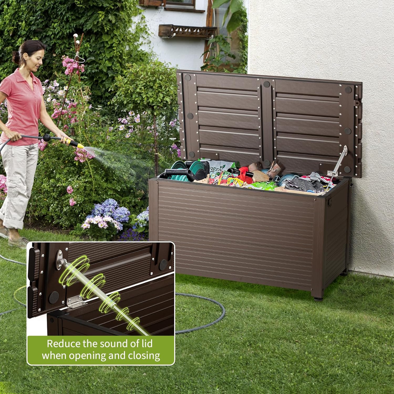 221 Lbs Bearing Capacity Aluminum Deck Box, 2-Tier Lock Outdoor Storage Box, Surface Sun Protection Coating With Flip-Top Air Pump for Silent Opening & Adjustable Feet