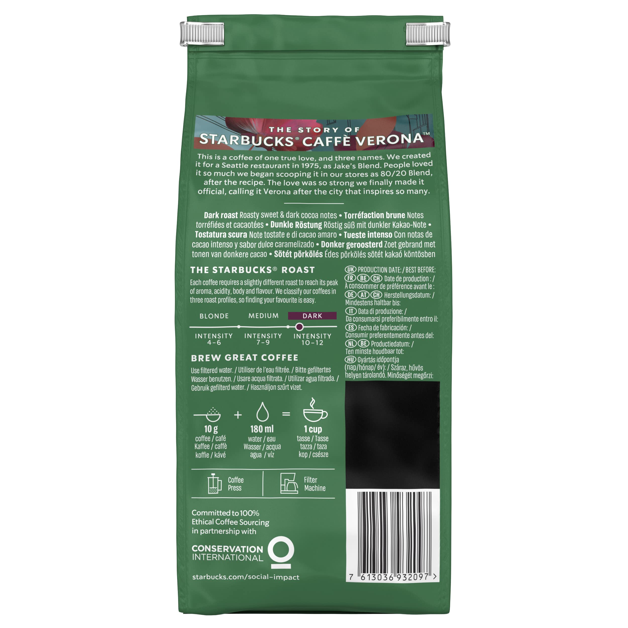 STARBUCKS Verona Caffè Macinato Tostatura Scura, 6 Sacchetti da 200g (1,2kg)