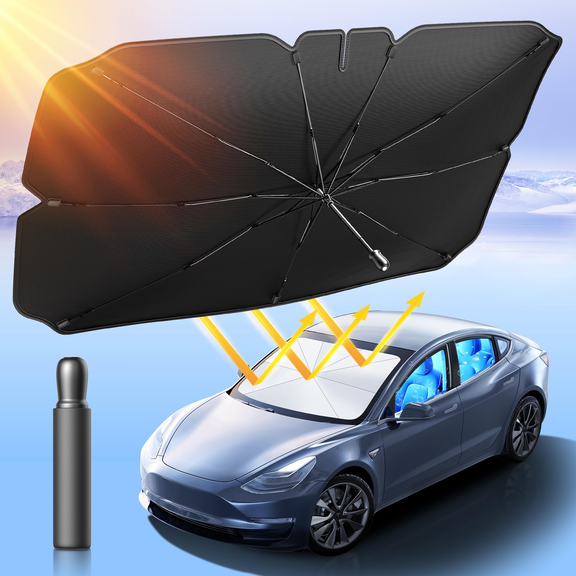 TECKNET Car Windshield Sun Shade Umbrella, Foldable Windshield Sun Shade for Car Block UV Rays and Heat, Adjustable Size Car Front Window Shade Keep Vehicle Cool for Auto Sedan SUV(55"x31",47"x25")