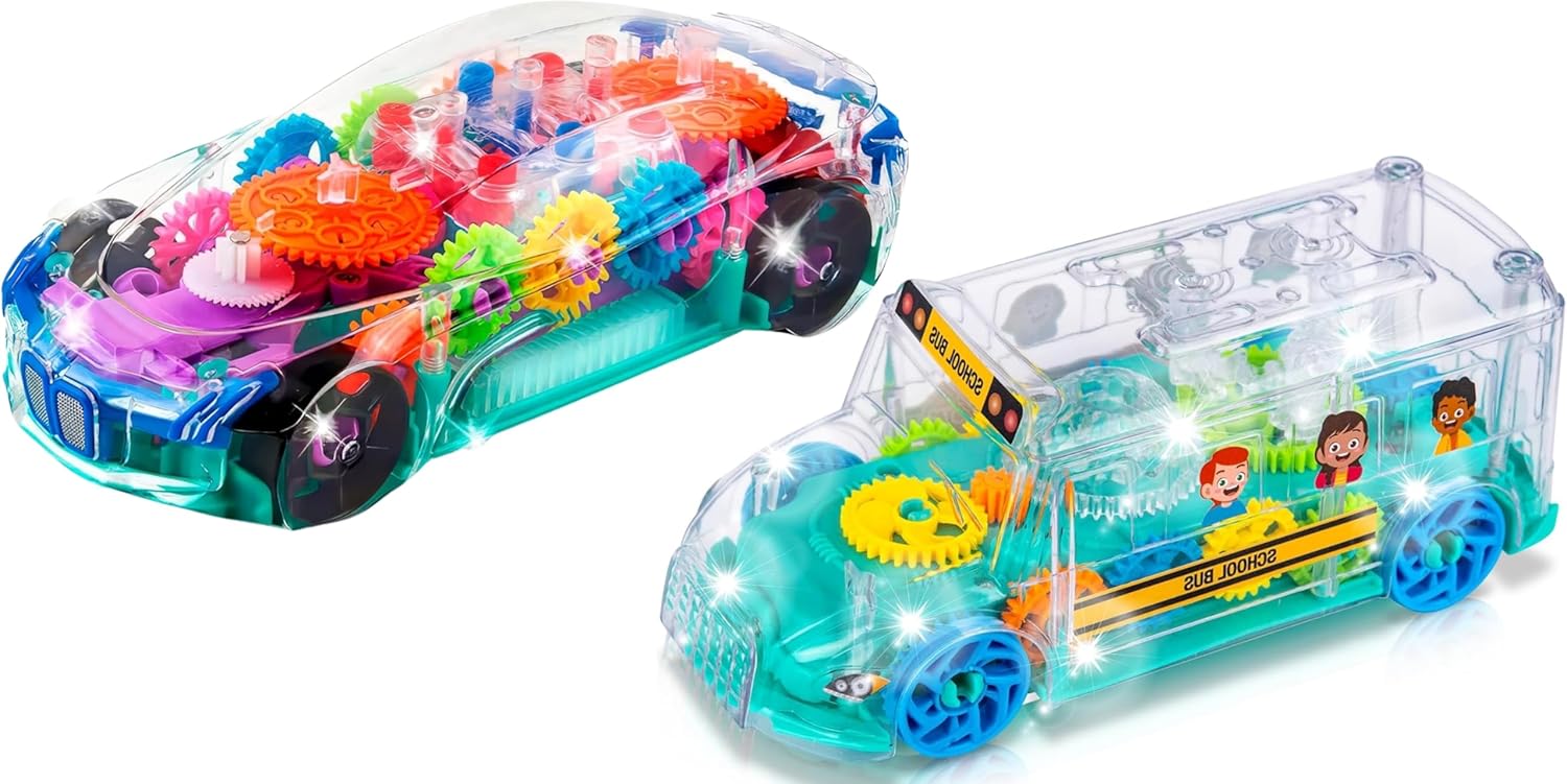 ArtCreativity Light Up Transparent Sensory Car & School Bus Toy for Kids - Bump and Go with Colorful Moving Gears & Light Up