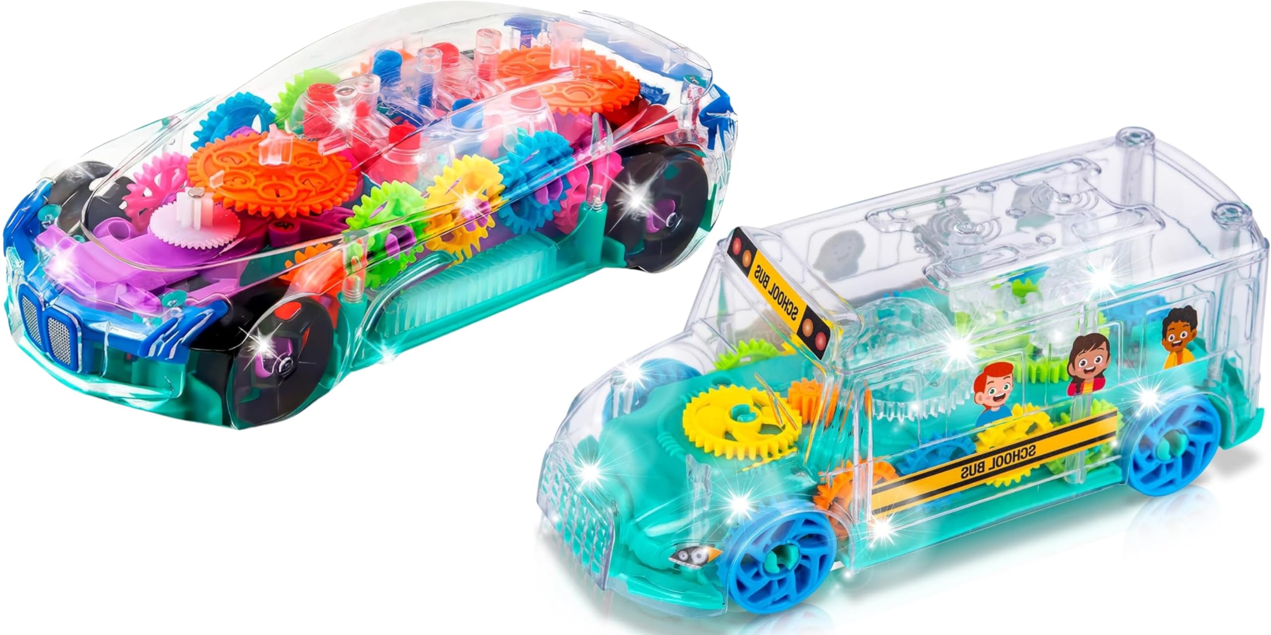 ArtCreativity Light Up Transparent Sensory Car Toy for Kids, 1PC, Bump and Go Toy Car with Colorful Moving Gears & Light Up School Bus Toy for Toddlers - Bump and Go School Toy Bus with Colorful Spinn