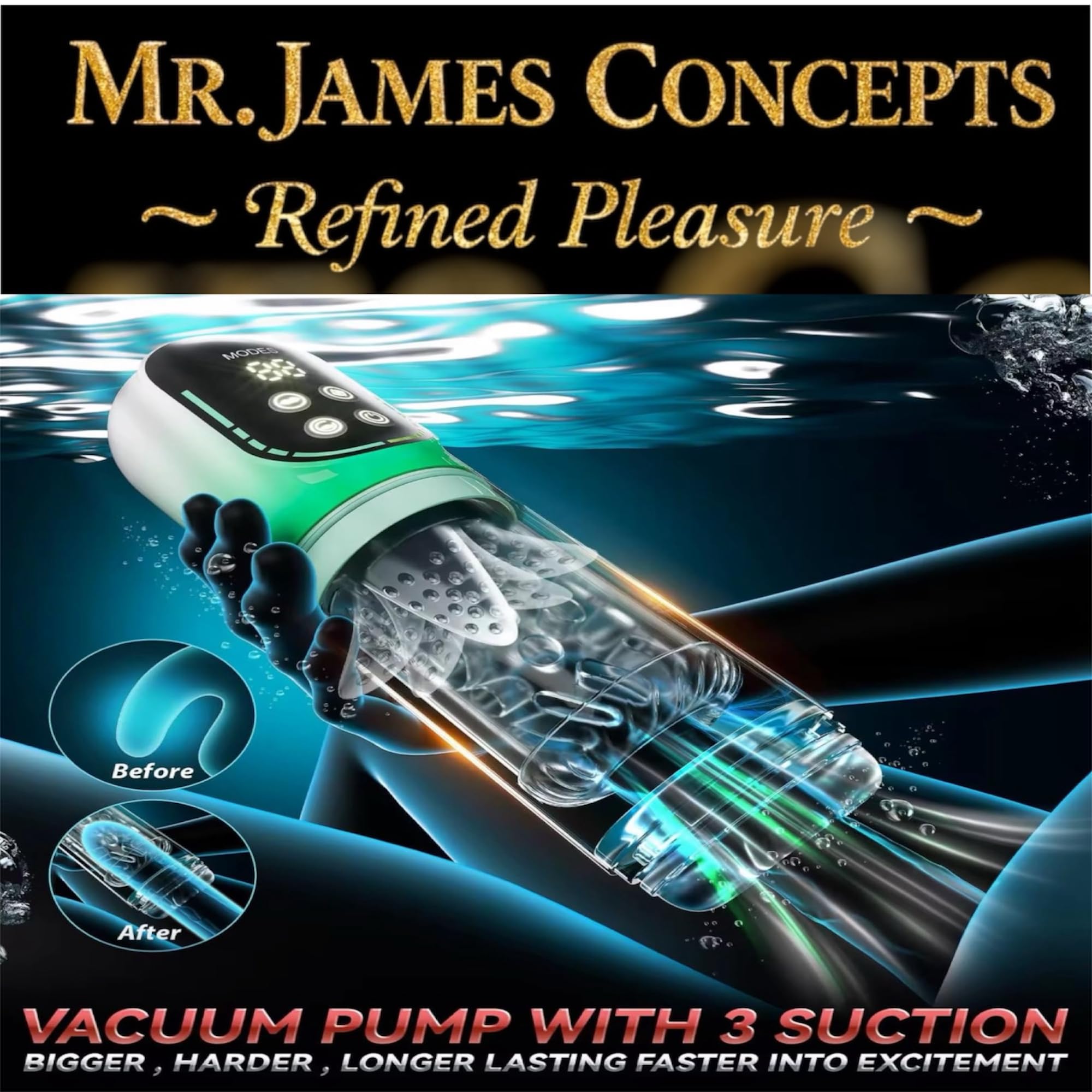 Mr. James Concepts – Masturbatore maschile with vuoto Pump – 3 Pressure Levels, 3D movimento a spinta & rotazione, 7 modalità, silicone morbido Sleeve, impermeabile, ricaricabile USBe Stroker