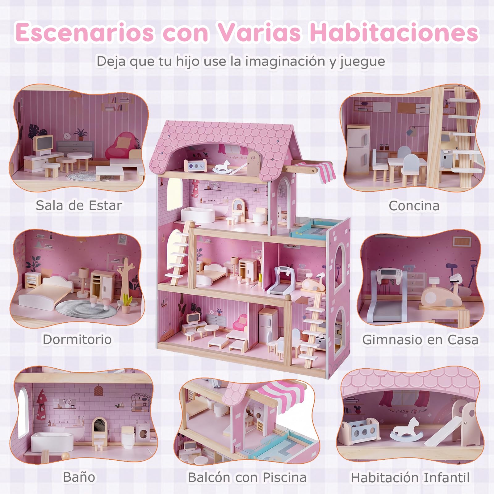 RELAX4LIFE Casa de Muñecas Madera de 4 Pisos con 33 Accesorios, 6 Habitaciones, Terraza, Piscina y 2 Escaleras, Casita de Muñecas de MDF y Madera Pino para Niños 3+ Años, 62x25x78cm (Rosa)
