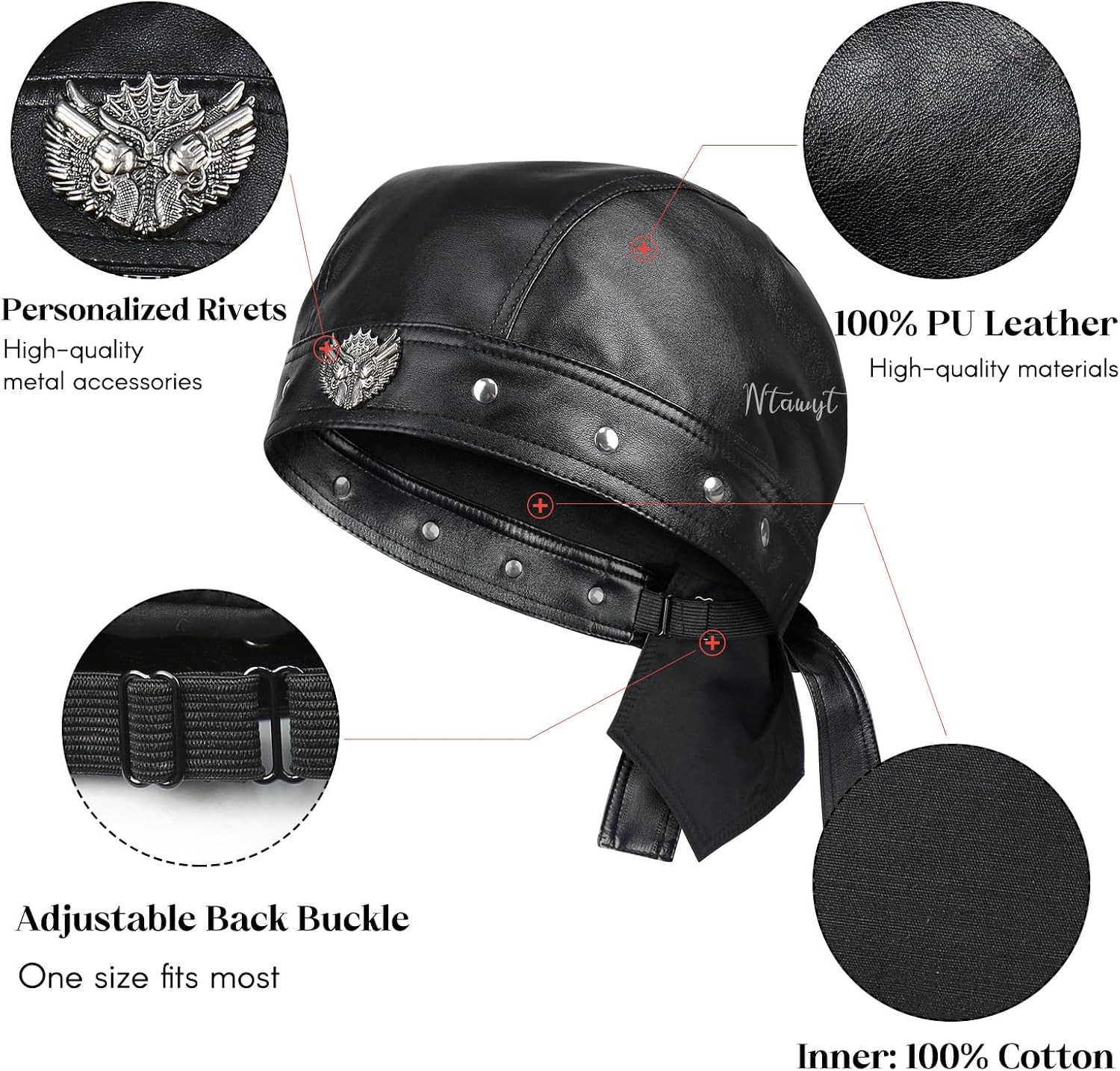 Leather Biker Hats for Women Cycling Skull Cap Adjustable Doo Rag Black Bandana - Image 3
