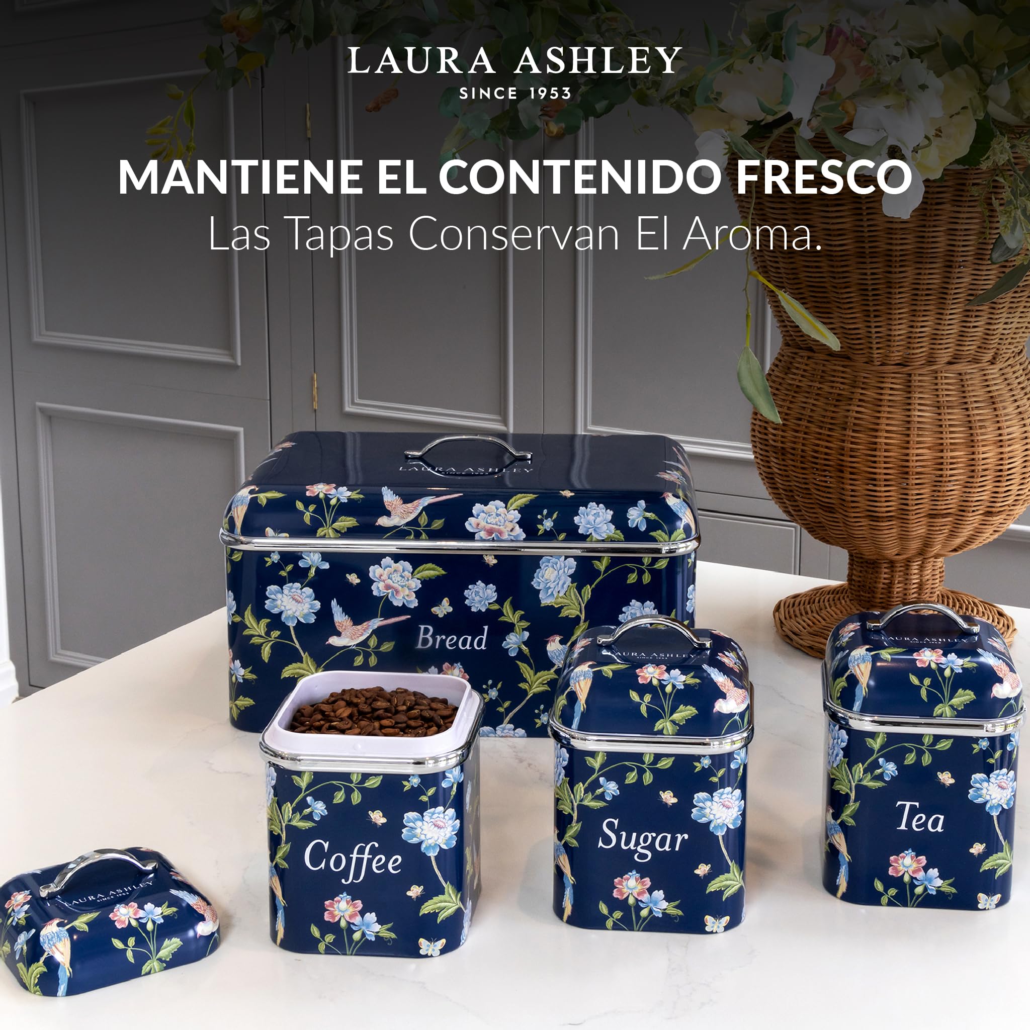 VQ Laura Ashley Elveden Navy Set 3 Botes Cocina Almacenaje Té Café y Azúcar