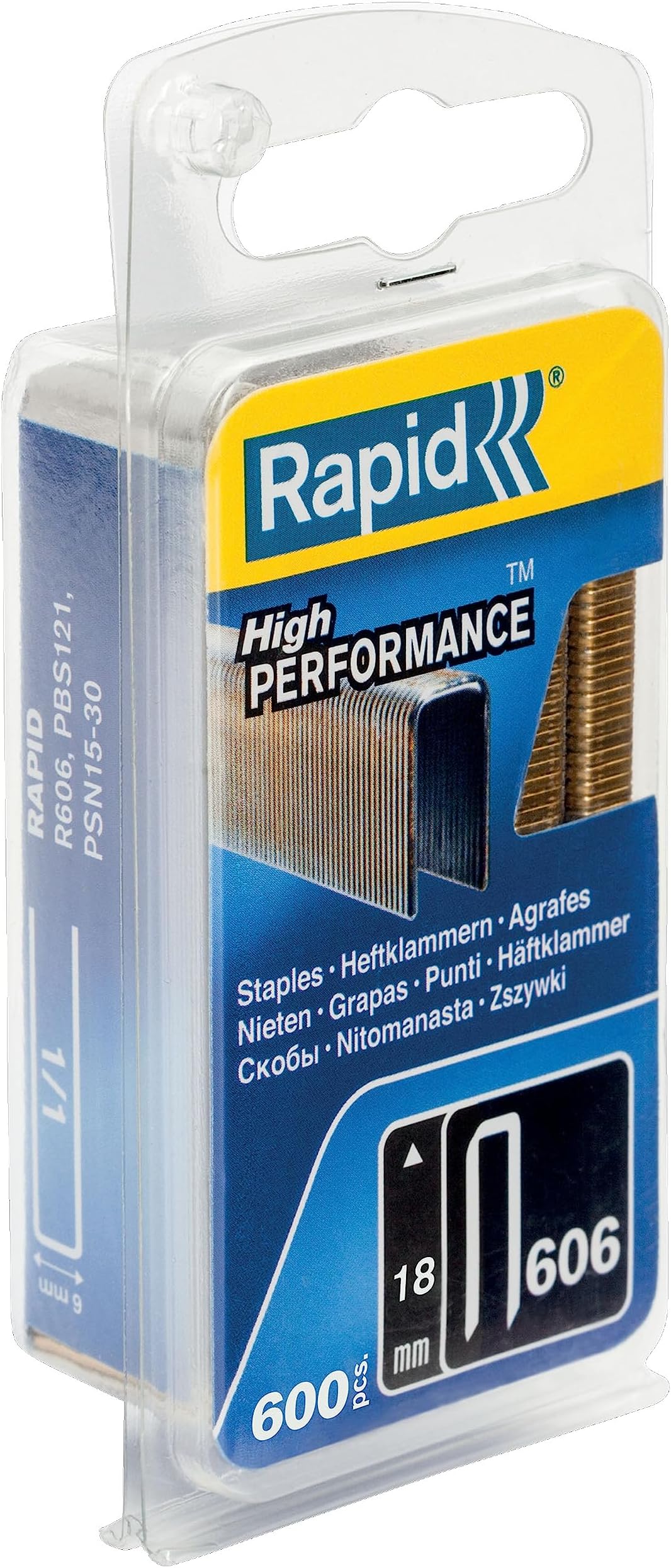 Rapid High-Performance Staples for Dense Materials, Narrow Crown No. 606, Leg Length 18mm, Staple Gun Staples, Resin-Coated Galvanised Steel, 600 Pieces, Narrow Blister (40109529)