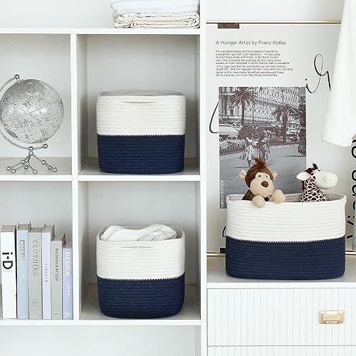 Miniatura 9 de Paquete de 3 cestas de cuerda para cesta de almacenamiento, cesta tejida de cuerda de algodón con asas. Cesta de manta para almacenar ropa,