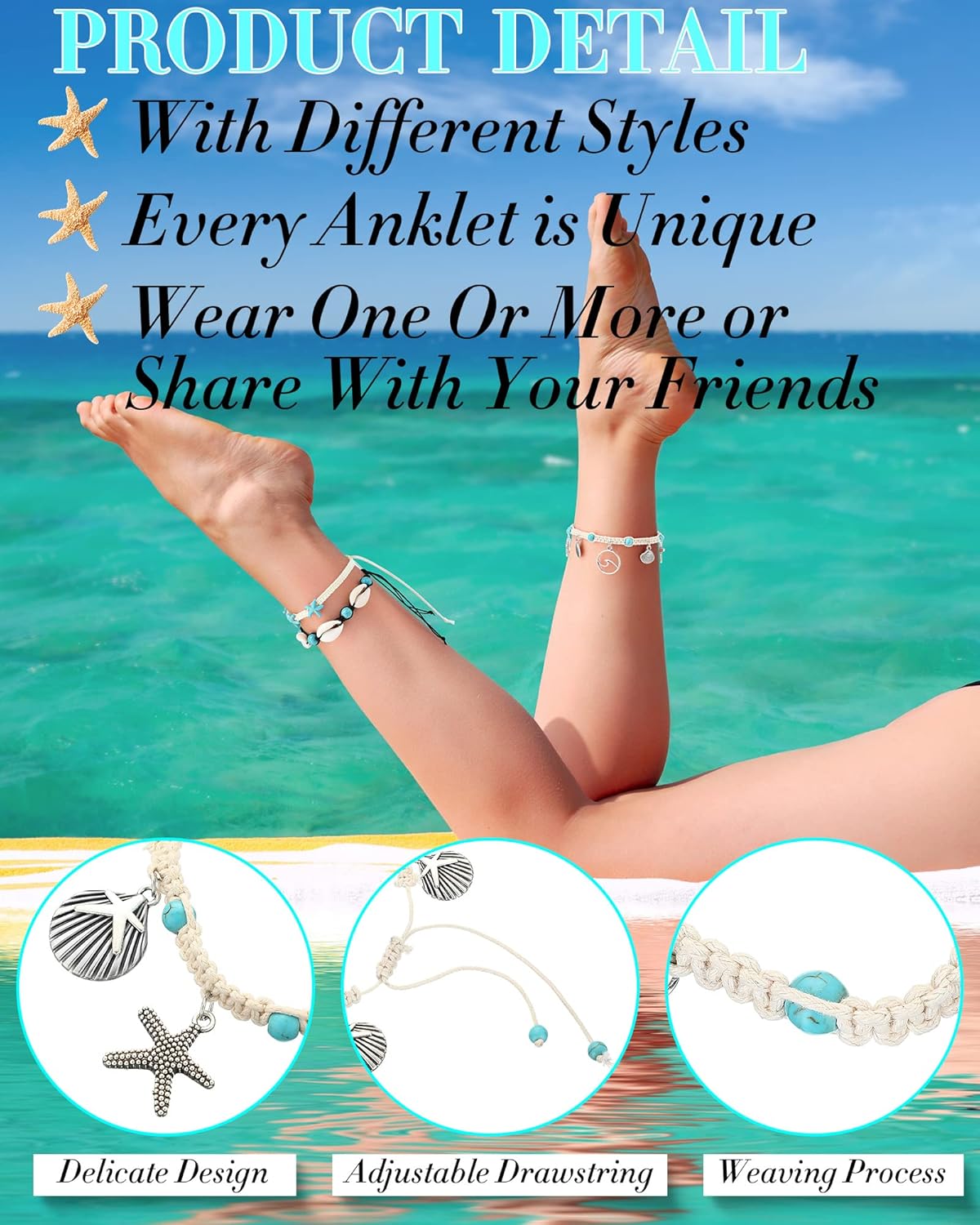 MTLEE 16 Pcs Starfish Shell Turtle Ankle Bracelets Handmade Sea Boho Anklet Jewelry Adjustable Seashell Bracelet Women Hawaii Beach Foot Jewelry for Summer Women - Image 3