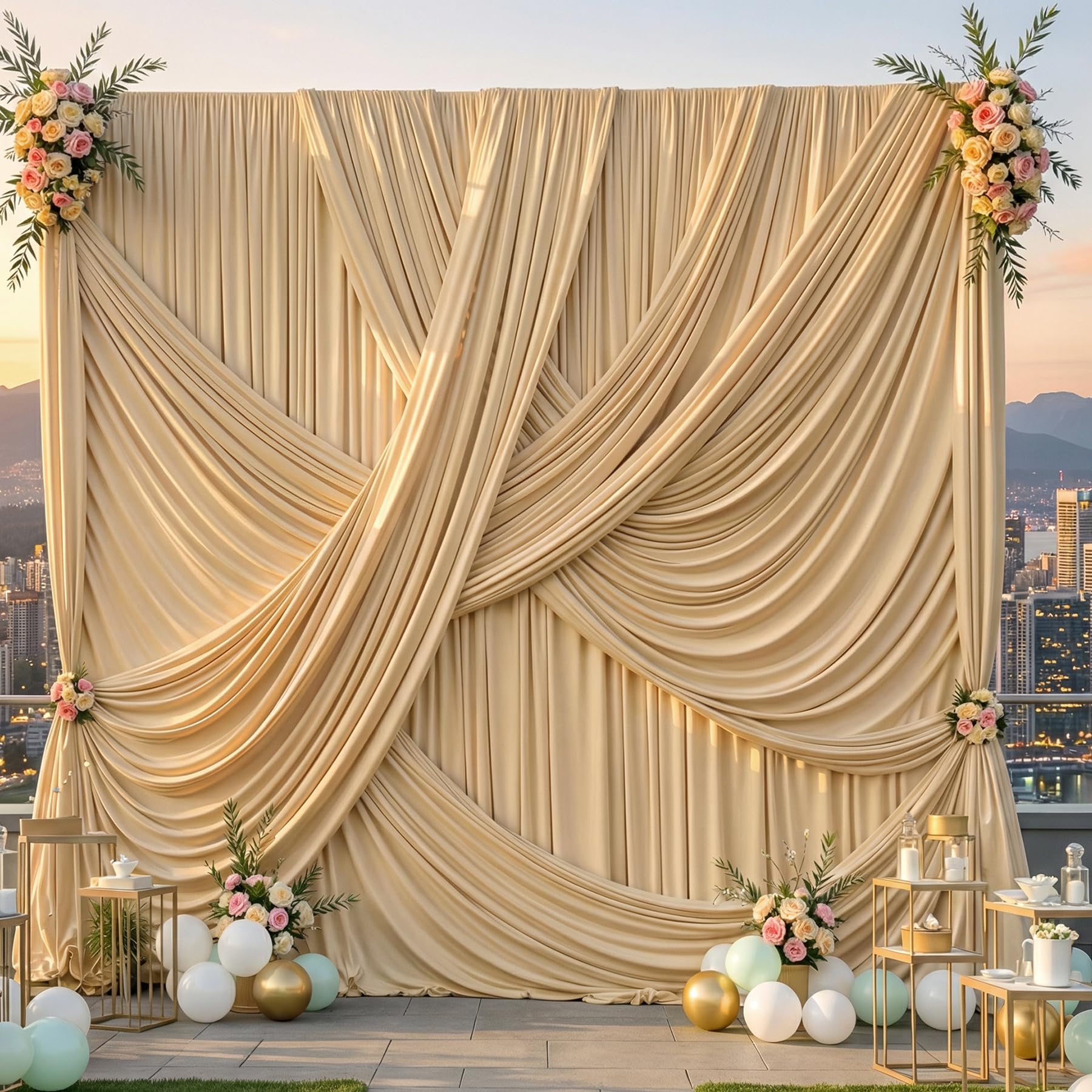 10ft×12ft Champagne Backdrop Curtain for Wedding Parties, 2 Panels Wrinkle Free Polyester Photo Backdrop Drapes Back Drop Cloth for Birthday