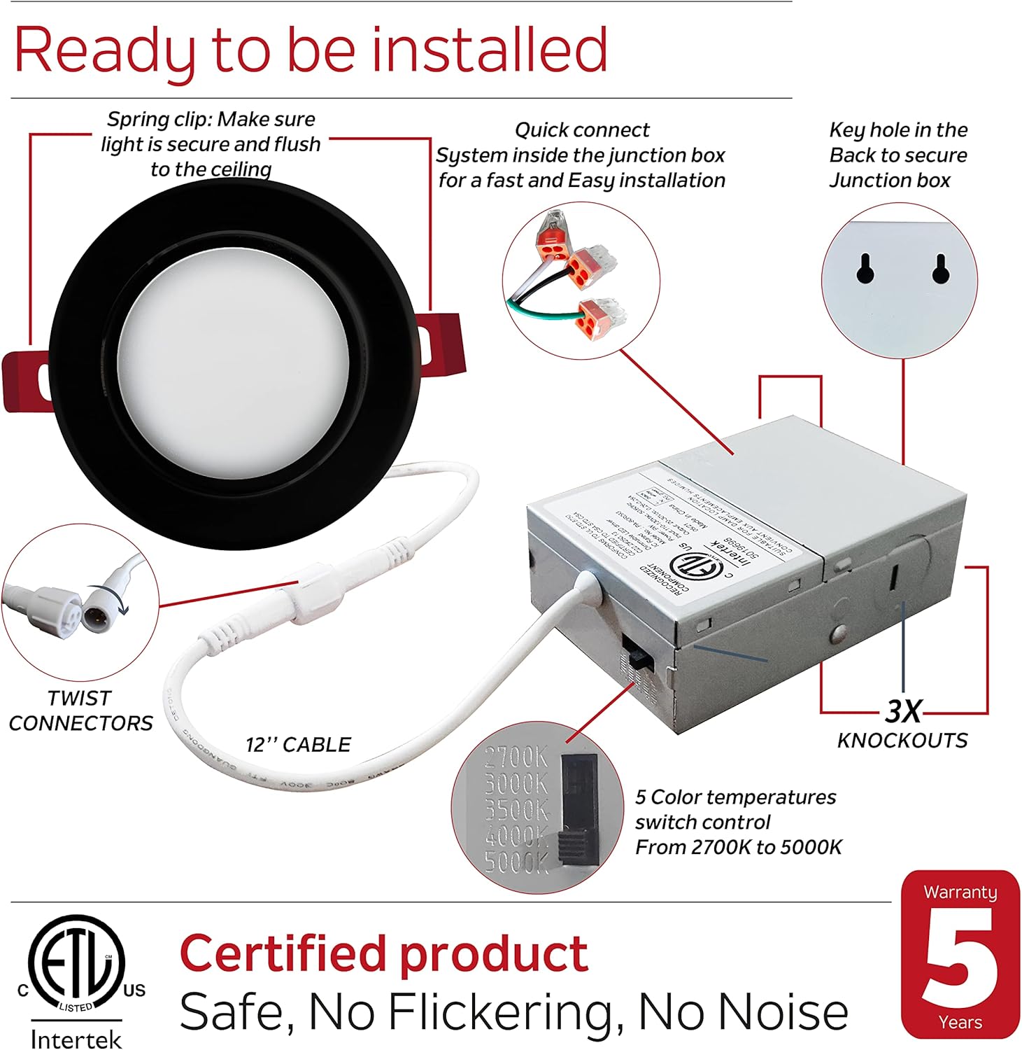 Nadair 6-Pack 4 inches Gimbal LED Ultra Slim Recessed Lights, 9W, 550 Lumens, 5CCT Color Selectable (2,7K/ 3K / 3,5K / 4K / 5K), Dimmable, IC Rated, ETL Certified, Black Finish
