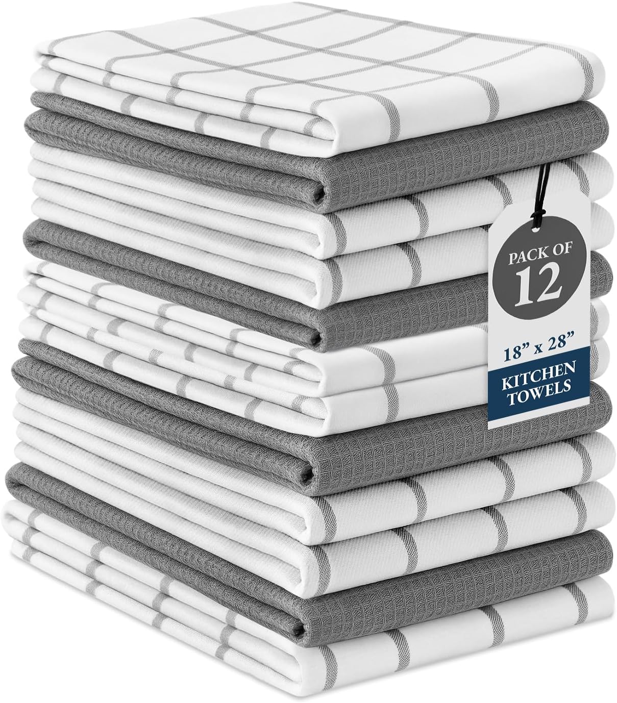 LANE LINEN Kitchen Towels Set – Pack of 12 Dish Cloths, 100% Cotton Absorbent Tea Towels 18” x 28” Quick-Drying & Soft Cleaning Kitchen Towel - Grey